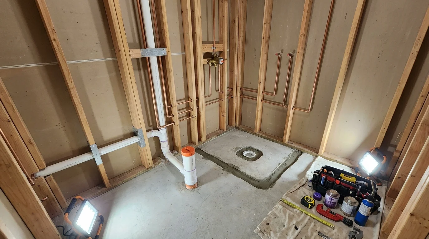 Bathroom rough-in plumbing during remodel by Johns Plumbing LLC in Red Bay