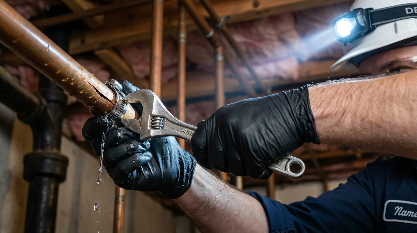 Emergency pipe clamp repair being performed by a Johns Plumbing LLC plumber in Red Bay