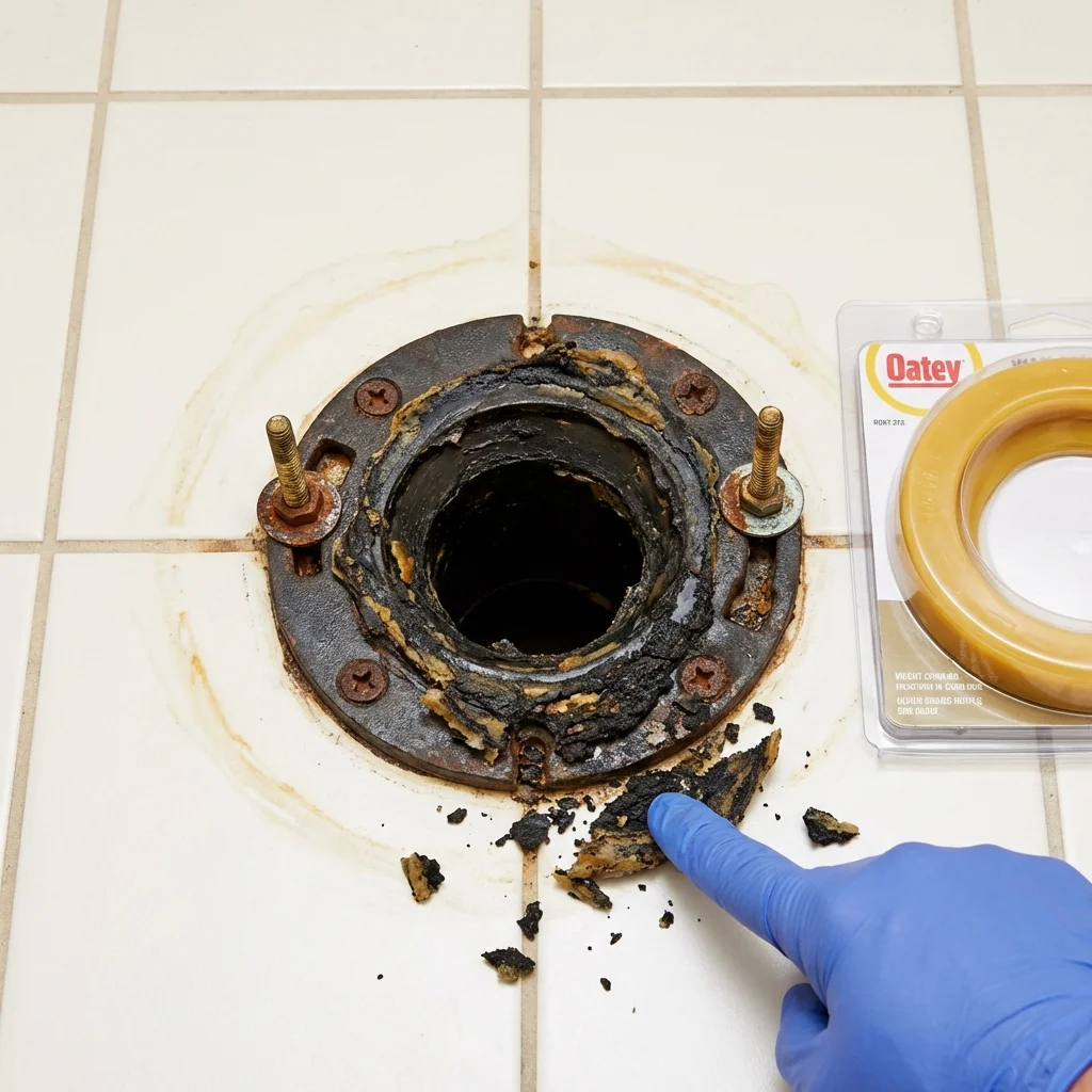 Failed wax ring showing water seepage at the base of a toilet in a Red Bay, AL home