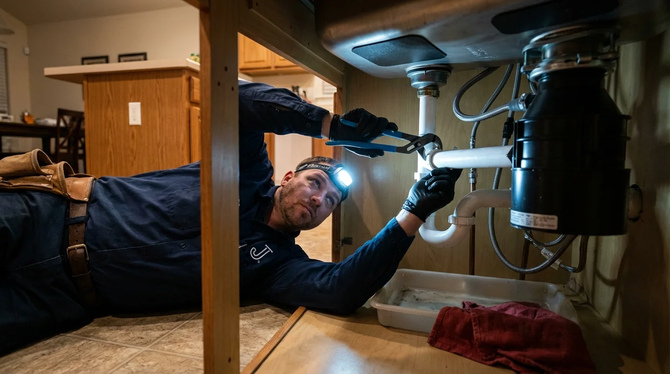 P-trap and supply line connections under a kitchen sink showing a common leak point in Red Bay, AL